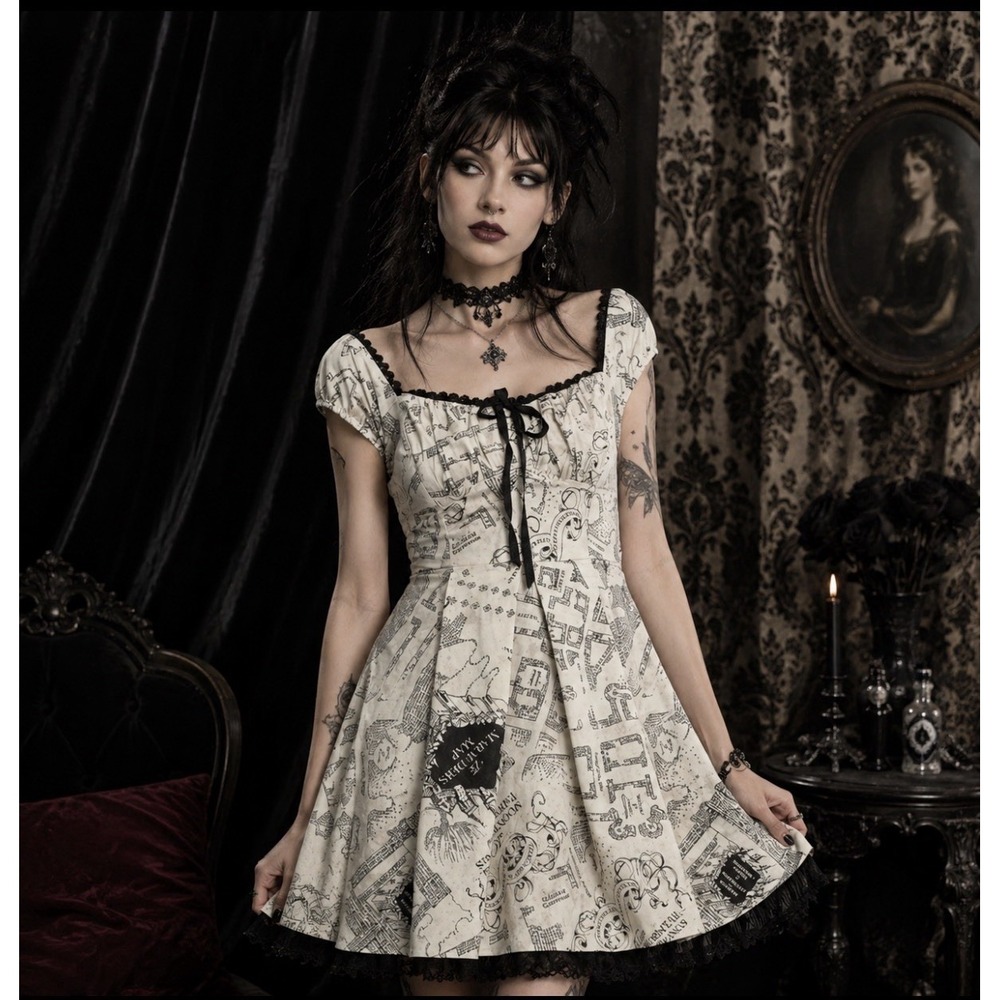 Harry Potter Hot Topic Marauder's Map Fit & Flare Dress Beige Black Size L NEW